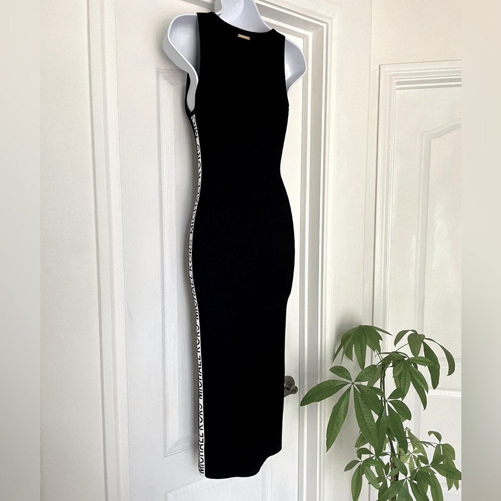 Michael Kors Ribbed Black White MK Stretch Knit Logo Tape Midi Tank Dress - Picture 8 of 13
